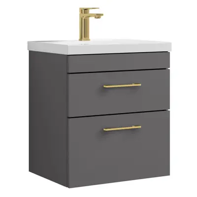 Rio Drawer Wall Hung Vanity Basin Unit - 500mm - Gloss Grey with Brushed Brass D Handles (Tap No