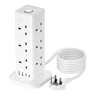 3M Tower Extension Lead with USB C, Hotimy Way Multi Plug Extension Tower with USB (2 Type C & U