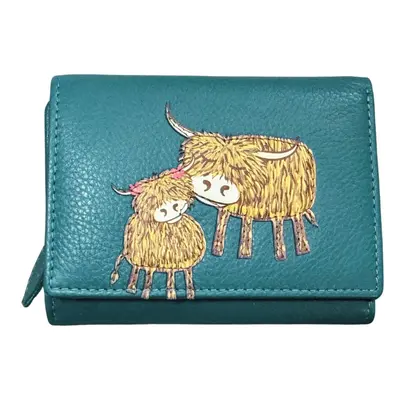 (Teal) Highland Cow Leather RFID Small Trifold Purse