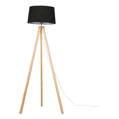 Modern Light Wood Tripod Design Floor Lamp with a Black Tapered Shade