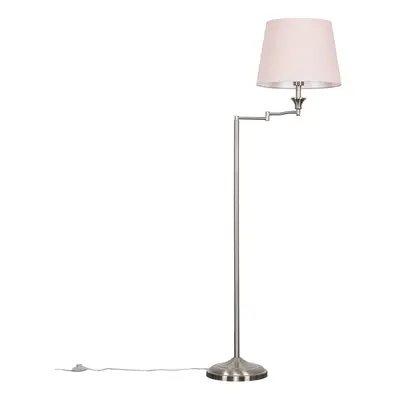 Modern Adjustable Swing Arm Floor Lamp in a Brushed Chrome Finish with a Pink Tapered Light Shad