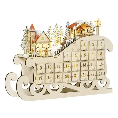 HOMCOM Christmas Advent Calendar Light Up Sleigh w/ Countdown Drawer, Village