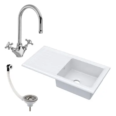 Single Bowl Fireclay Inset Kitchen Sink & Drainer, Mixer Tap & Wastes, 1010mm