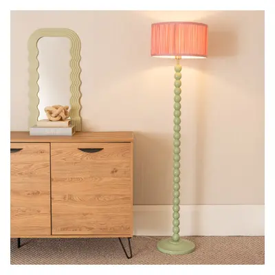 ValueLights Bobbins Ruched Pink Shade Sage Green Floor Lamp & Bulb