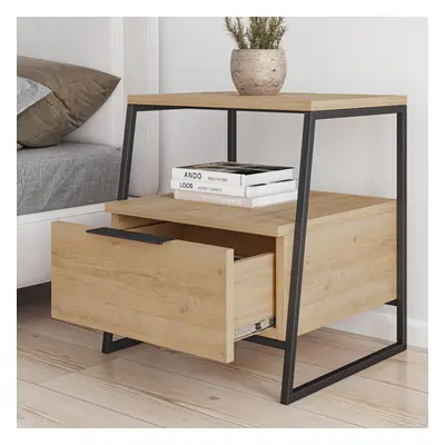 FWStyle Light Oak Drawer Modern Bedside Table Nightstand Black Metal Frame