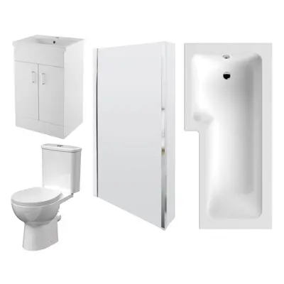 1700mm Bathroom Suite - Shape Shower Bath, Front Panel, Shower Bath Screen, Vanity Basin Unit an