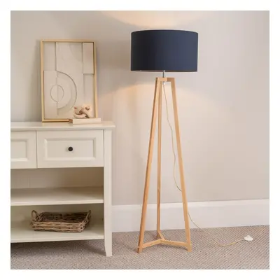 ValueLights Lottie Navy Shade Natural Wood Tripod Floor Lamp & Bulb