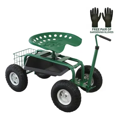 Wheeled Garden Cart Seat Heavy Duty Swivel Mobile Tool Tray Basket Gardening