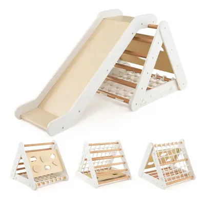 4-in-1 Triangle Climber Set Wooden Toddler Climber w/ Ramp Sliding Board