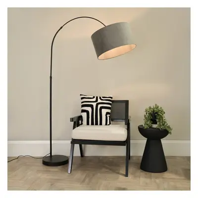 ValueLights Louis Grey Velvet Shade Black Arched Floor Lamp with Bulb