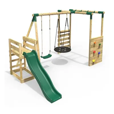 (Monkey Bars plus Deck & 6ft Slide - Satellite, Green) Rebo Wooden Children's Swing Set with Mon