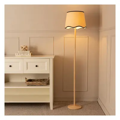 ValueLights Triston Wooden Floor Lamp with Scallop Black Trim Shade