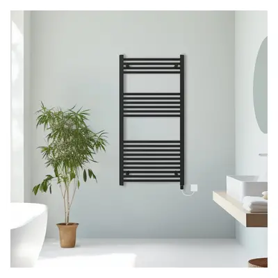 (Black, 1200x600mm) Prefilled Electric Straight Heated Towel Rail Radiator Ladder Warmer