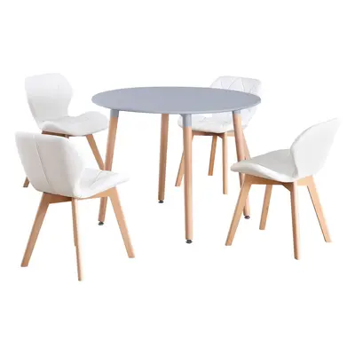 (Grey Table & White PU Chairs) Charles Jacobs Round Seat Dinner Table & Chair Circular Scandi Se