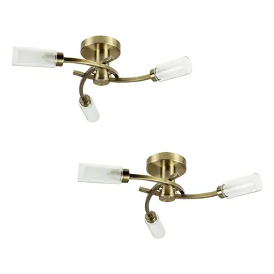 Pair of - Modern Way Spiral Flush Antique Brass Effect Ceiling Light Fittings with Elegant Clear