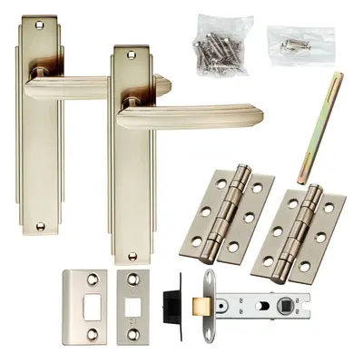 Door Handle & Latch Pack Satin Nickel Art Deco Premium Lever Slim Backplate