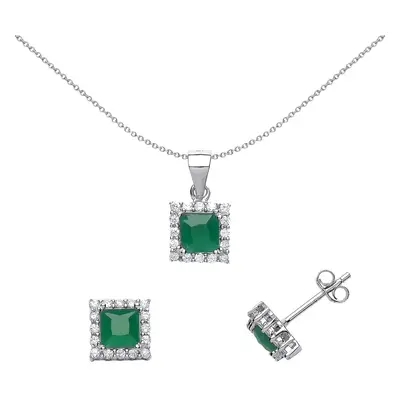 Jewelco London Sterling Silver Emerald-Green Princess Cut Cubic Zirconia Halo Princess Earrings 