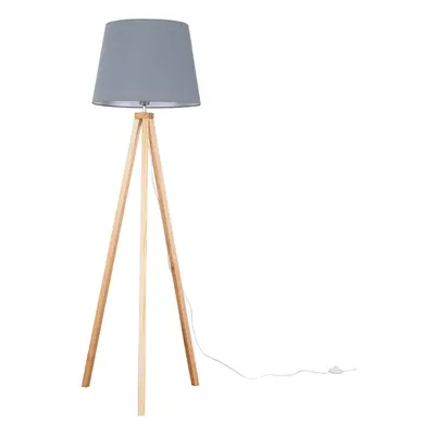 Modern Light Wood Tripod Design Floor Lamp with a Grey Tapered Shade - Complete with a 6w LED GL