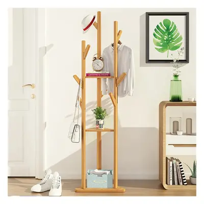 Bamboo Coat Rack Tree Cloth Hanger Hooks 3-Layer Shelf Stand Hallway Living Room for Hat,Clothes