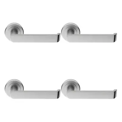 4x PAIR Flat Faced Lever on Round Rose Chamfered Edge Concealed Fix Satin Chrome