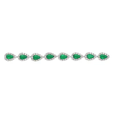 Jewelco London Ladies Rhodium Plated Sterling Silver Green Pear CZ Teardrop Halo Tennis Bracelet