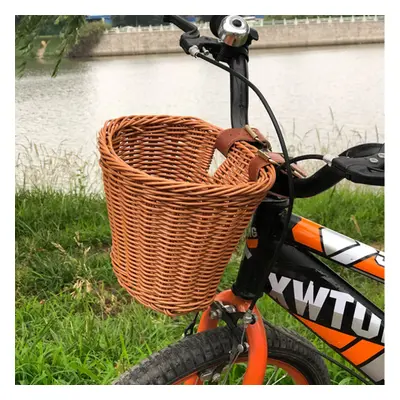 (Brown) Kids Children's Rattan Bicycle Bike Front Basket Leather Strap Shopping Storage