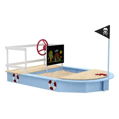 Outsunny Sand Pit with Blackboard, Flag, Storage Deck for Outdoor Play - Blue