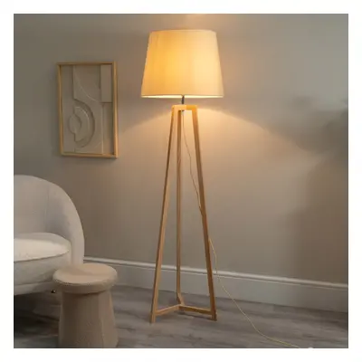 ValueLight Lottie Beige Tapered Natural Wood Tripod Floor Lamp & Bulb