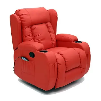 (Red) CAESAR WINGED LEATHER RECLINER CHAIR ROCKING MASSAGE SWIVEL HEATED GAMING