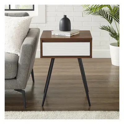 (Dark Walnut) 45cm Fluted Bedside Sofa End Side Table + Drawer