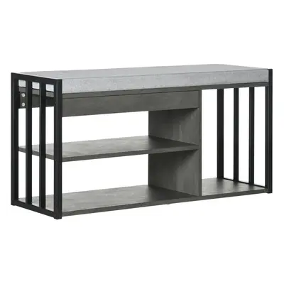 HOMCOM Upholstered Entryway Shoe Bench with Storage Open Shelves, Grey