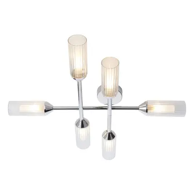 Chrome Semi Flush Bathroom Ceiling Light - Ribbed & Frosted Glass - Bulb