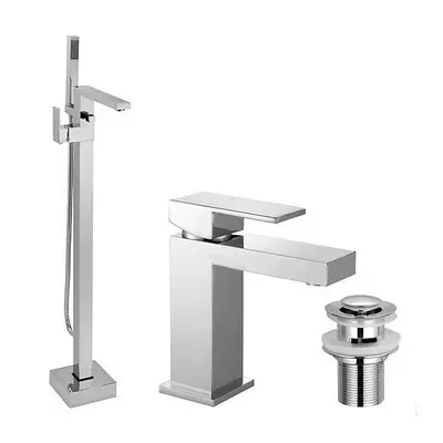 Eoro Square Freestanding Shower Mixer, Basin Sink Mixer Tap & Waste