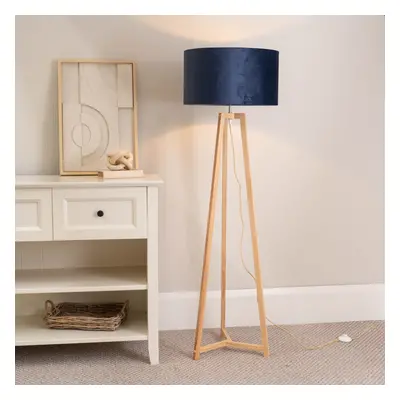 ValueLights Lottie Navy Velvet Natural Wood Tripod Floor Lamp & Bulb