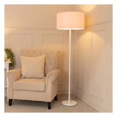 ValueLights Charlie Blush Pink Drum Shade White Stem Floor Lamp & Bulb