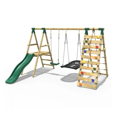 (Quartz, Green) Rebo Wooden Swing Set with Deck and Slide plus Up and Over Climbing Wall