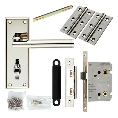 Door Handle & Bathroom Lock Pack Polished & Satin Nickel Mitred Lever Backplate