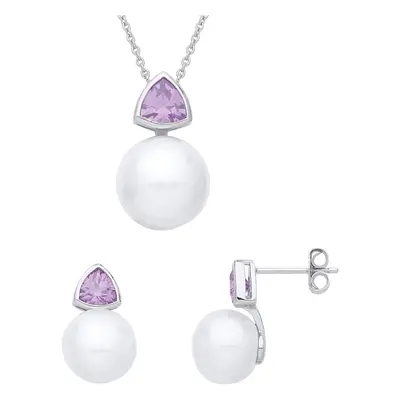 Jewelco London Sterling Silver Lilac Trillion Pearl CZ Snowman Bishop Plectrum Toi et Moi Earrin