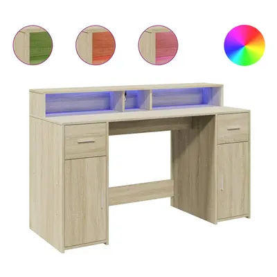 vidaXL Desk with LED Lights Writing Working Table Sonoma Oak Engineered Wood