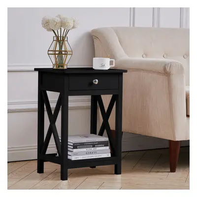 Wooden Bedside End Table Nightstand Cabinet with Drawer Black