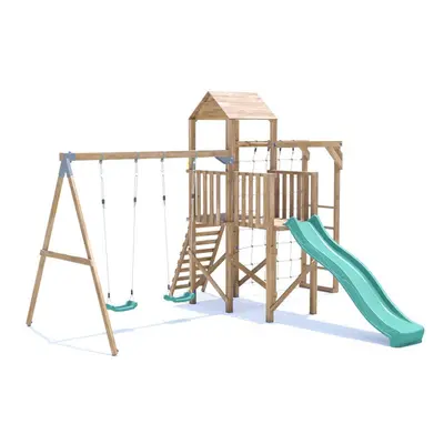 BalconyFort Climbing Frame with Double Swing, High Platform, Monkey Bars, Cargo Net & Slide