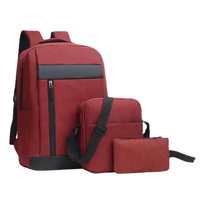 (Red) 3Pcs Men Backpack Set USB Charging Laptop Bag Multifunctional Casual Travel Backpack Men W