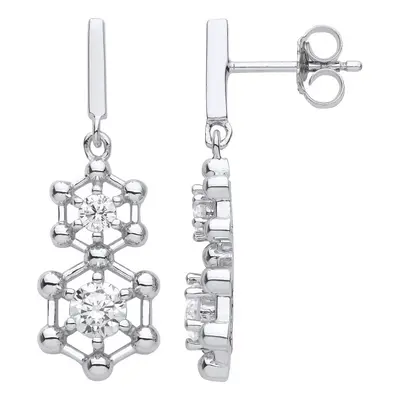 Jewelco London Ladies Rhodium Plated Sterling Silver CZ Double Hexagon Molecular Structure Drop 