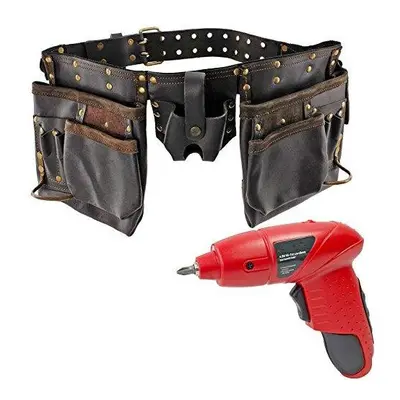 Double Leather Tool Belt Pocket Pouch & Mini Cordless Rechargeable Electric 4.8v Screwdriver