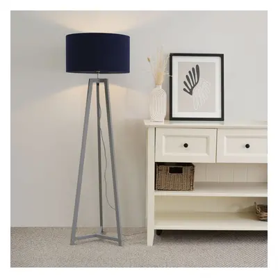 ValueLights Lottie Grey Wood Tripod Floor Lamp with Navy Drum Shade