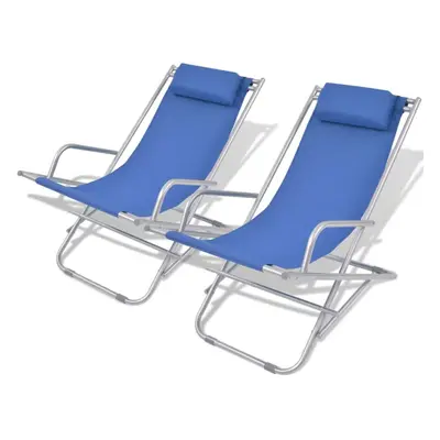 vidaXL 2x Reclining Deck Chairs Blue Steel Outdoor Sunloungers Swing Chairs