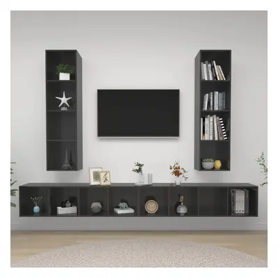 vidaXL 4x Wall Mounted TV Cabinets High Gloss Grey Chipboard Stand Living Room