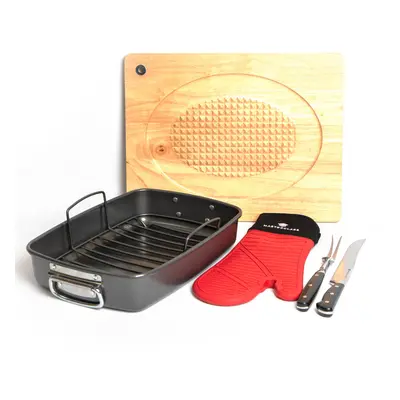 MasterClass Roasting Pan with Rack, Two Piece Carving Set, Carving Board & Silicone Oven Glove