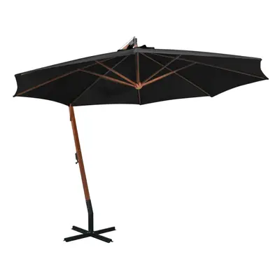 vidaXL Solid Fir Wood Hanging Parasol with Pole Black Outdoor Patio Umbrella