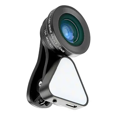 (Black) 3-in-1 Clip-on Smartphone Fill Light & Phone Camera Lens Kit